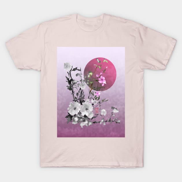 sumiE flowers and a big pink moon T-Shirt by cuisinecat